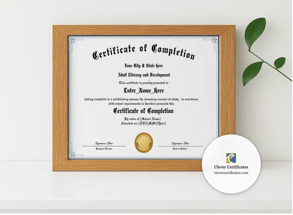 Realistic mockup featuring Program Completion Certificate Geometric Blackletter Landscape displayed within a modern frame, set against a minimalistic background.