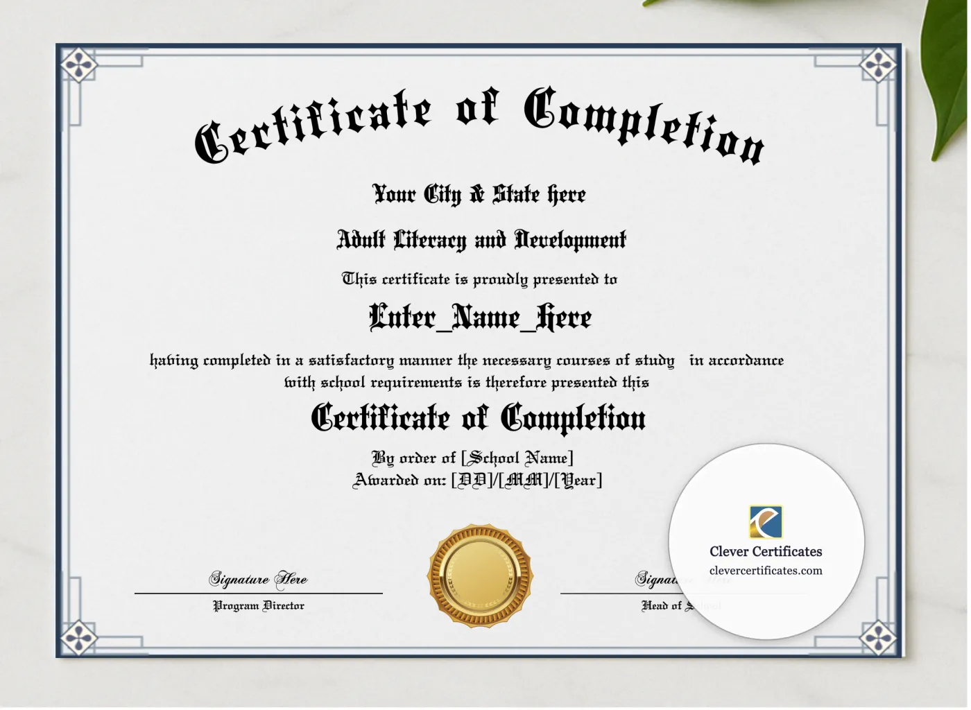 Program Completion Certificate Geometric Blackletter Landscape presented in a sleek wooden frame, elegantly arranged on a stylish table.