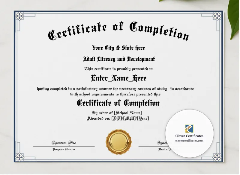 Program Completion Certificate Geometric Blackletter Landscape presented in a sleek wooden frame, elegantly arranged on a stylish table.