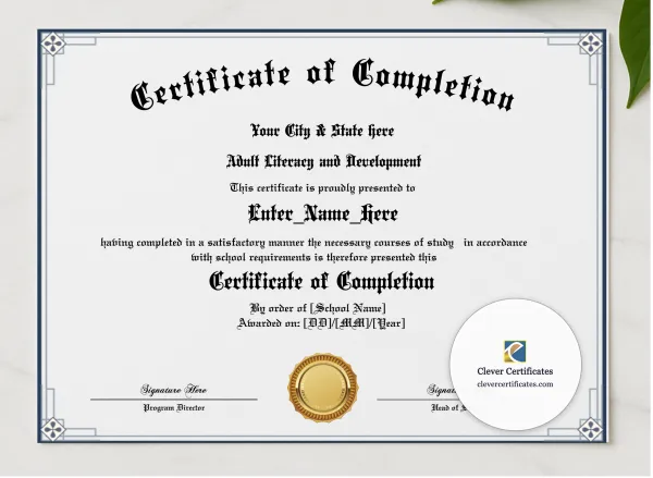 Program Completion Certificate Geometric Blackletter Landscape presented in a sleek wooden frame, elegantly arranged on a stylish table.