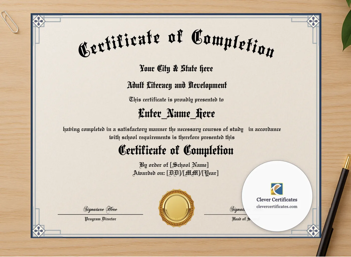 Professional preview of Program Completion Certificate Geometric Blackletter Landscape certificate on high-quality stationery paper, ideal for showcasing the final look.