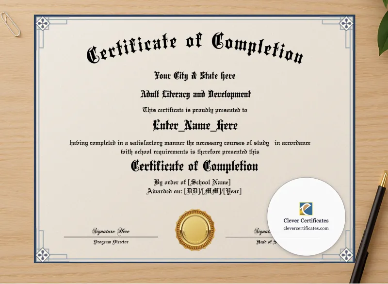 Professional preview of Program Completion Certificate Geometric Blackletter Landscape certificate on high-quality stationery paper, ideal for showcasing the final look.