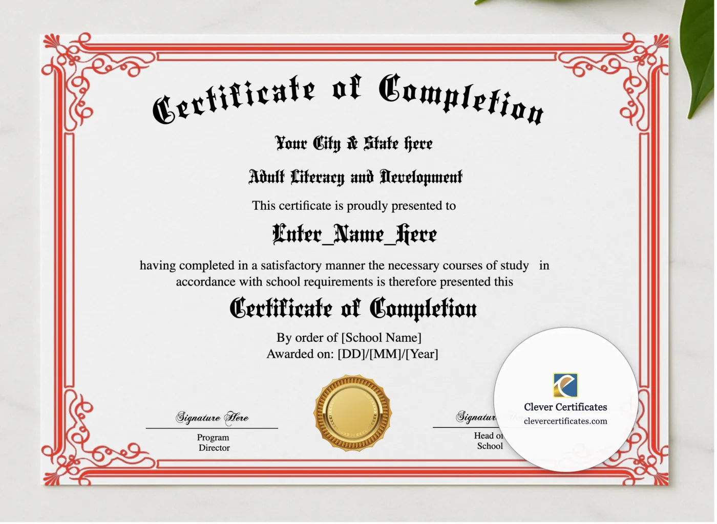 Program Completion Certificate Red Scrolls Calligraphy Landscape presented in a sleek wooden frame, elegantly arranged on a stylish table.