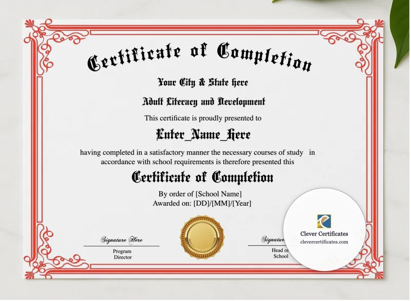 Program Completion Certificate Red Scrolls Calligraphy Landscape presented in a sleek wooden frame, elegantly arranged on a stylish table.