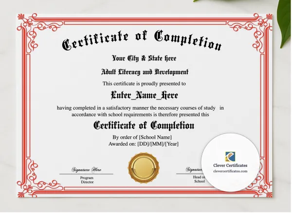 Program Completion Certificate Red Scrolls Calligraphy Landscape presented in a sleek wooden frame, elegantly arranged on a stylish table.