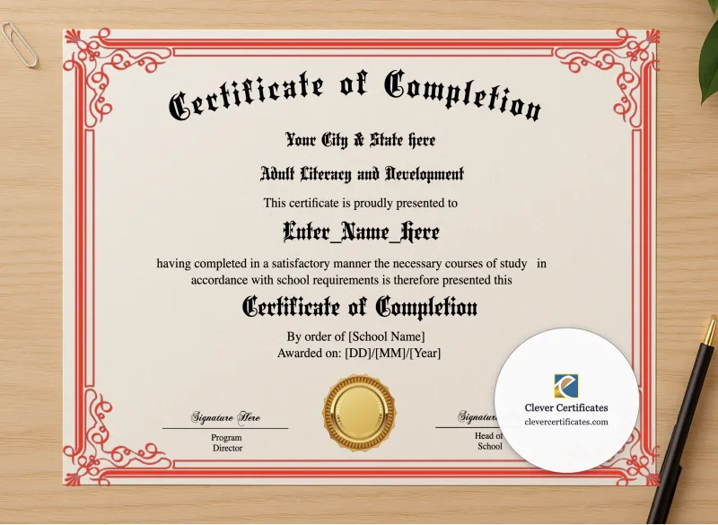 Professional preview of Program Completion Certificate Red Scrolls Calligraphy Landscape certificate on high-quality stationery paper, ideal for showcasing the final look.