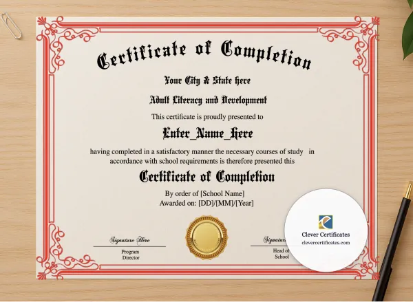 Professional preview of Program Completion Certificate Red Scrolls Calligraphy Landscape certificate on high-quality stationery paper, ideal for showcasing the final look.