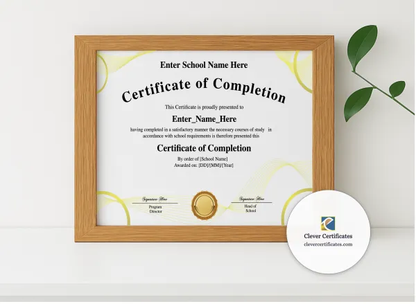 Realistic mockup featuring Program Completion Certificate Golden Plain Calligraphy Landscape displayed within a modern frame, set against a minimalistic background.
