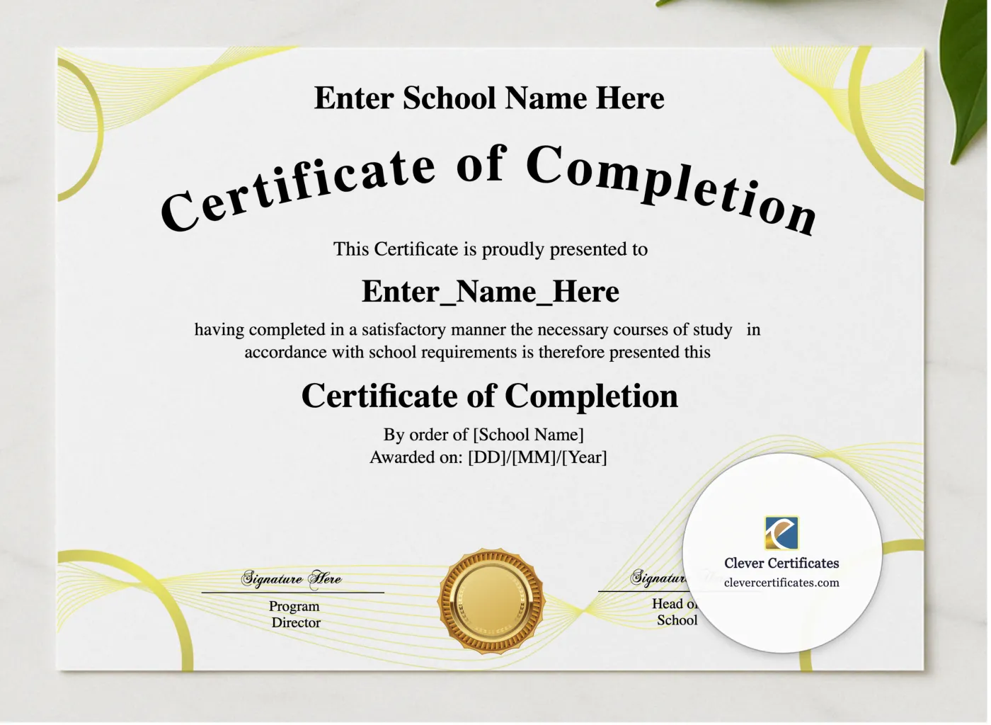 Program Completion Certificate Golden Plain Calligraphy Landscape presented in a sleek wooden frame, elegantly arranged on a stylish table.