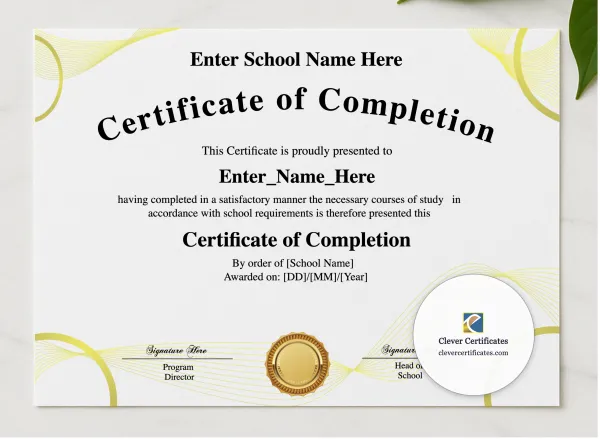 Program Completion Certificate Golden Plain Calligraphy Landscape presented in a sleek wooden frame, elegantly arranged on a stylish table.