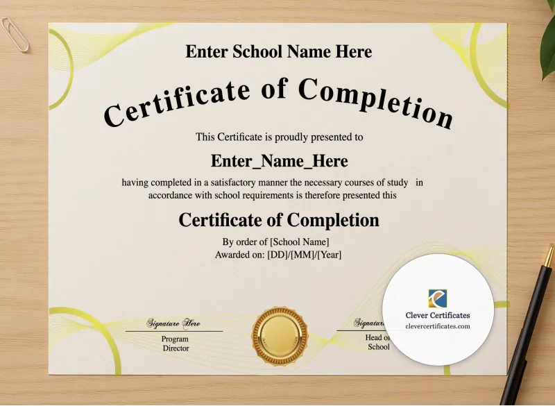 Professional preview of Program Completion Certificate Golden Plain Calligraphy Landscape certificate on high-quality stationery paper, ideal for showcasing the final look.