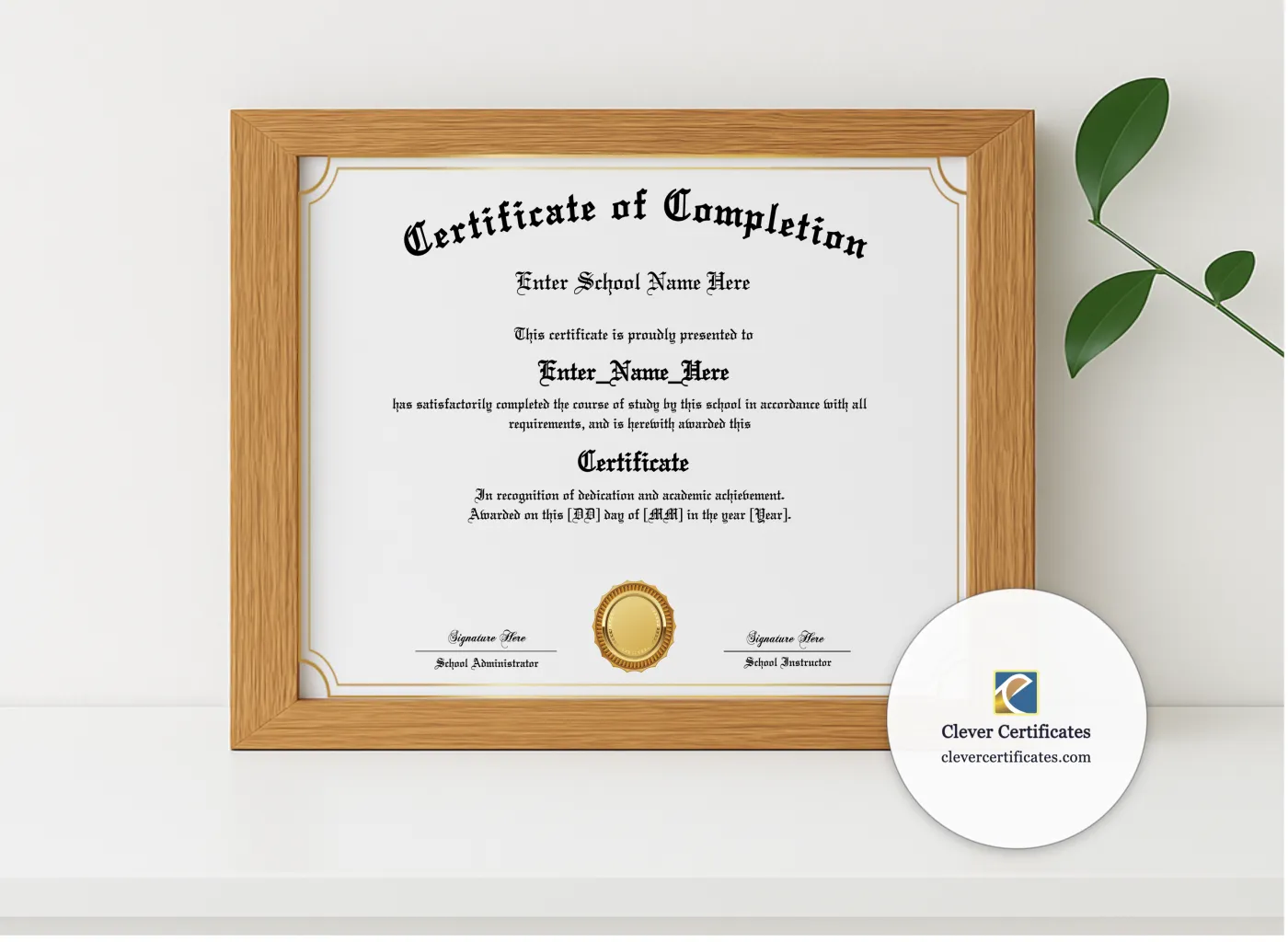 Realistic mockup featuring Program Completion Certificate Gold Lines Old English Landscape displayed within a modern frame, set against a minimalistic background.