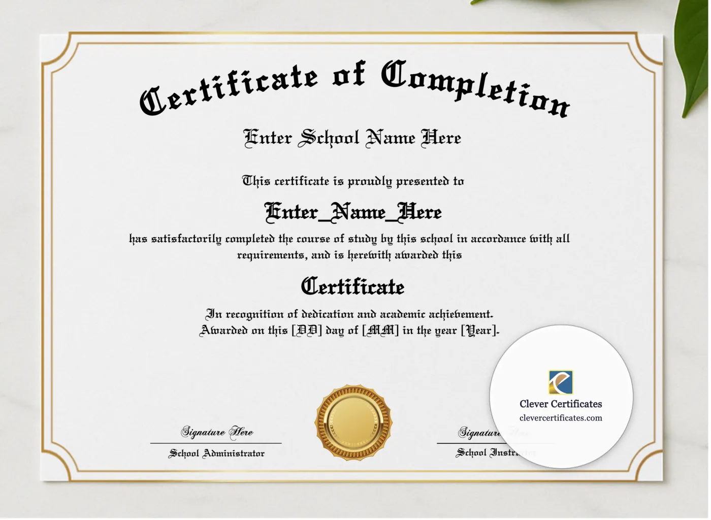 Program Completion Certificate Gold Lines Old English Landscape presented in a sleek wooden frame, elegantly arranged on a stylish table.
