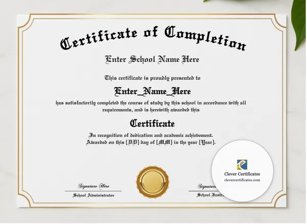 Program Completion Certificate Gold Lines Old English Landscape presented in a sleek wooden frame, elegantly arranged on a stylish table.
