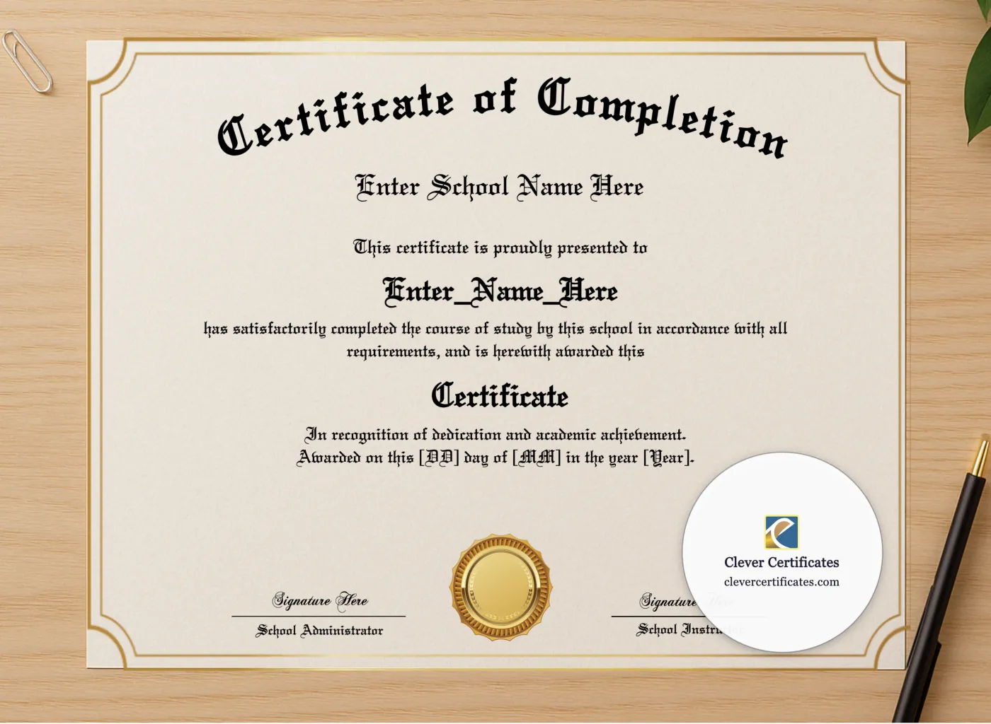 Professional preview of Program Completion Certificate Gold Lines Old English Landscape certificate on high-quality stationery paper, ideal for showcasing the final look.