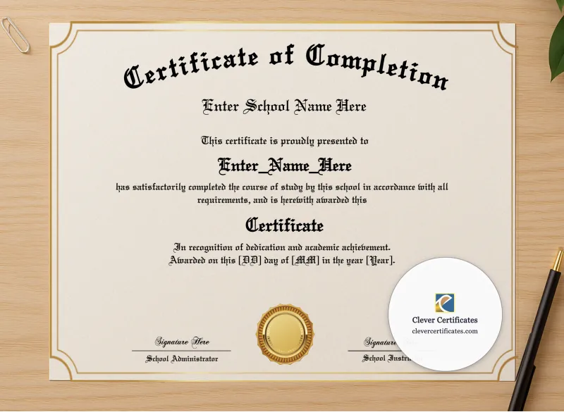 Professional preview of Program Completion Certificate Gold Lines Old English Landscape certificate on high-quality stationery paper, ideal for showcasing the final look.