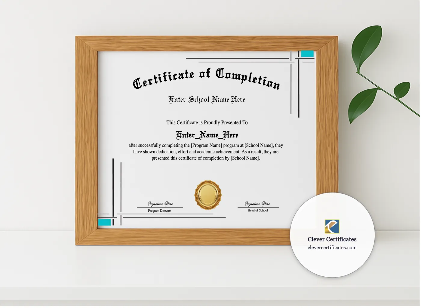 Realistic mockup featuring Program Completion Certificate Modern Calligraphy Landscape displayed within a modern frame, set against a minimalistic background.