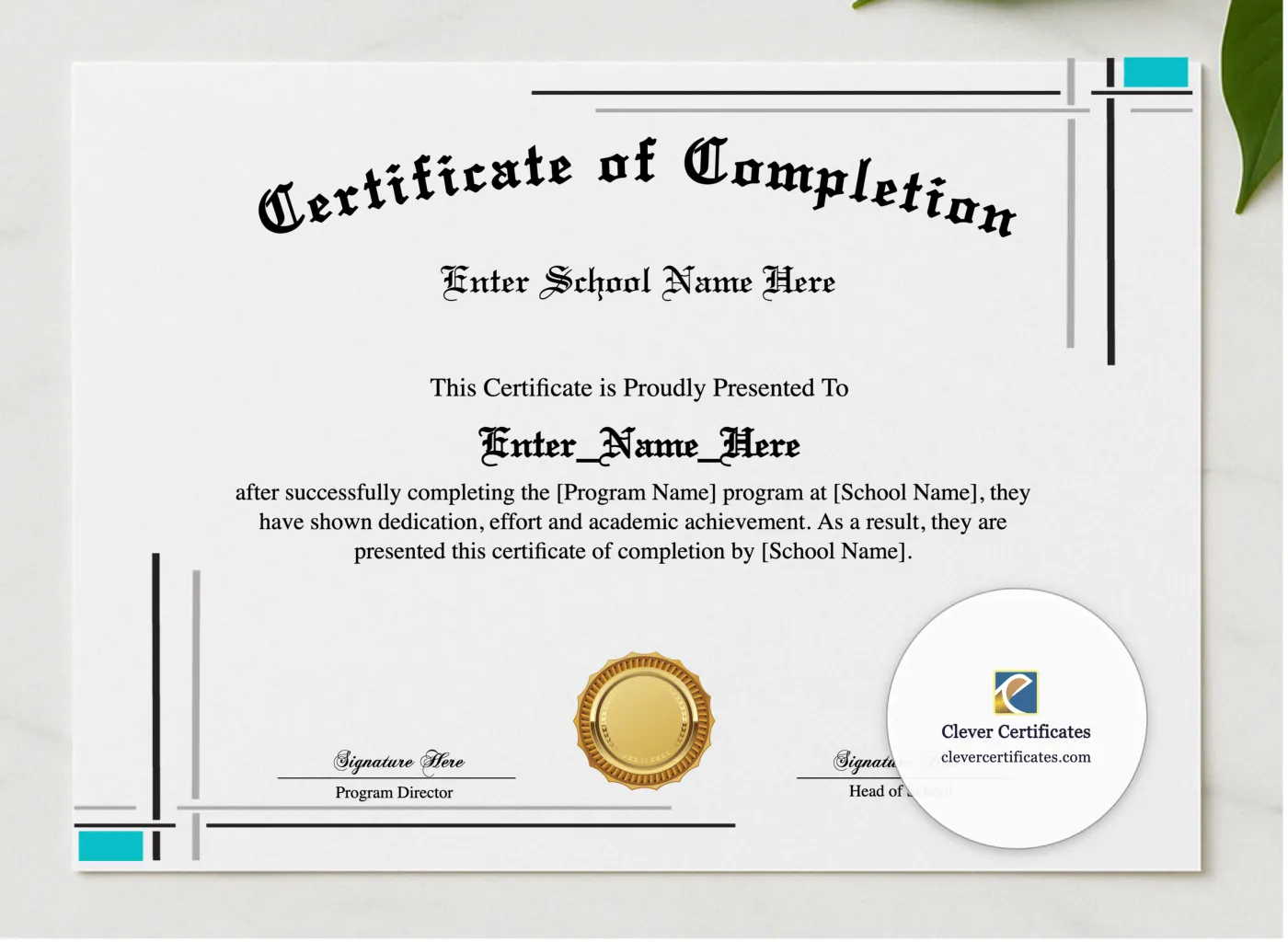 Program Completion Certificate Modern Calligraphy Landscape presented in a sleek wooden frame, elegantly arranged on a stylish table.