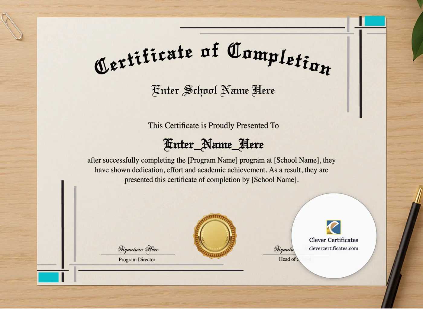 Professional preview of Program Completion Certificate Modern Calligraphy Landscape certificate on high-quality stationery paper, ideal for showcasing the final look.