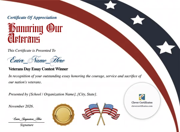 Free Veterans Day Essay Contest Winner Certificate