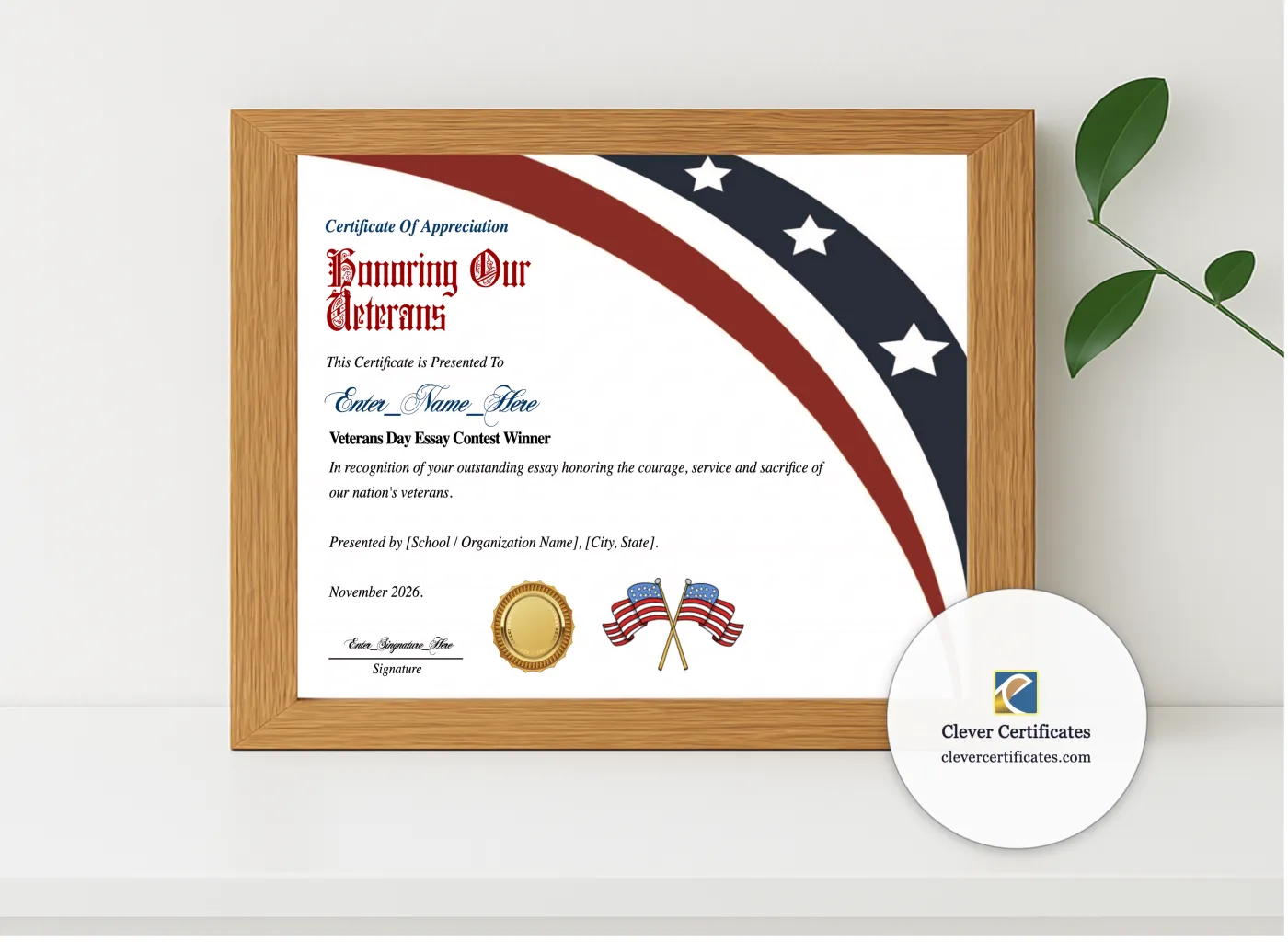 Realistic mockup featuring Veterans Day Essay Contest Winner Certificate displayed within a modern frame, set against a minimalistic background.