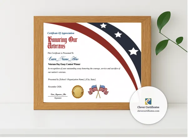 Realistic mockup featuring Veterans Day Essay Contest Winner Certificate displayed within a modern frame, set against a minimalistic background.