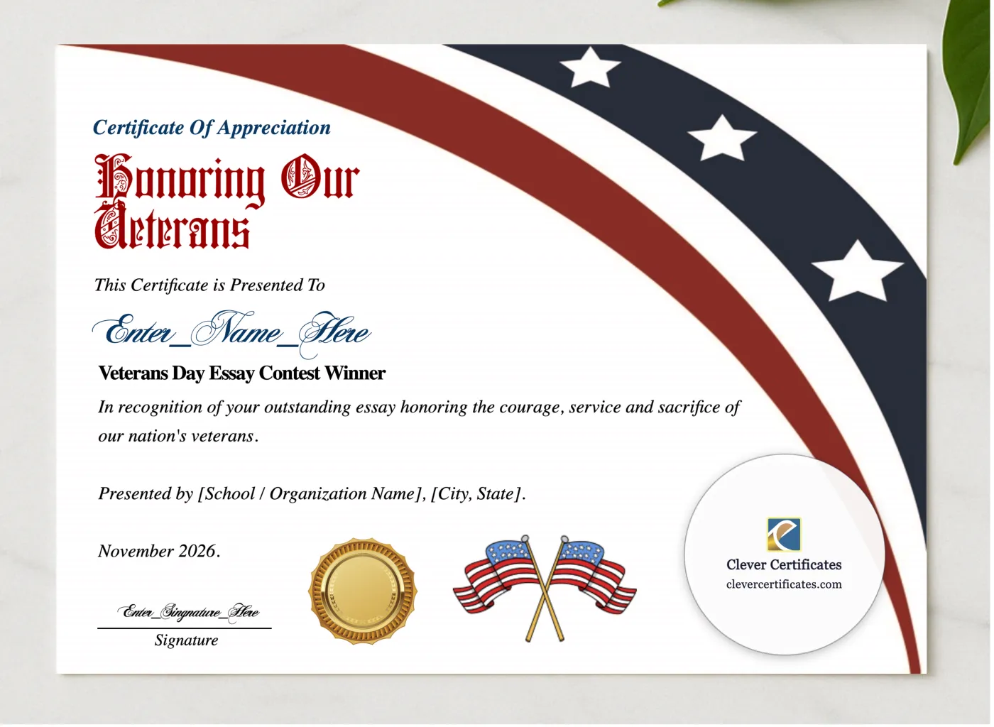 Veterans Day Essay Contest Winner Certificate presented in a sleek wooden frame, elegantly arranged on a stylish table.