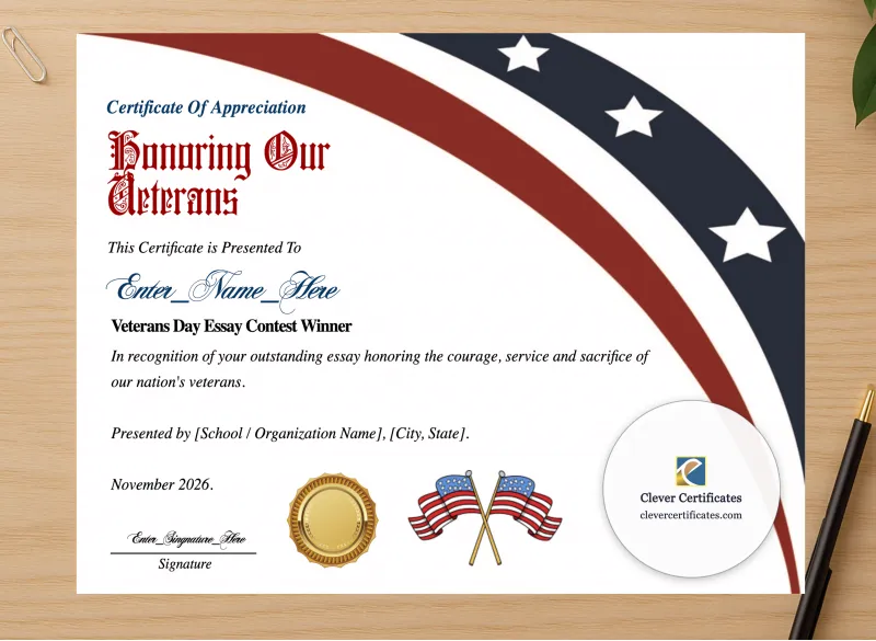 Professional preview of Veterans Day Essay Contest Winner Certificate certificate on high-quality stationery paper, ideal for showcasing the final look.