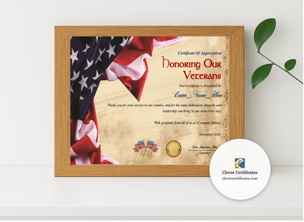 Realistic mockup featuring Veteran Employee Appreciation Certificate displayed within a modern frame, set against a minimalistic background.