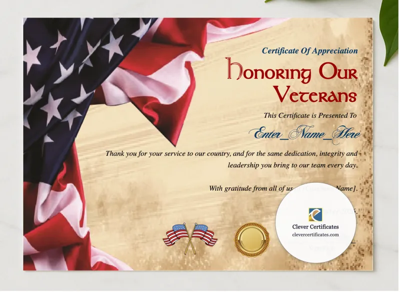 Veteran Employee Appreciation Certificate presented in a sleek wooden frame, elegantly arranged on a stylish table.