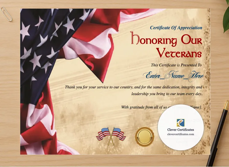 Professional preview of Veteran Employee Appreciation Certificate certificate on high-quality stationery paper, ideal for showcasing the final look.