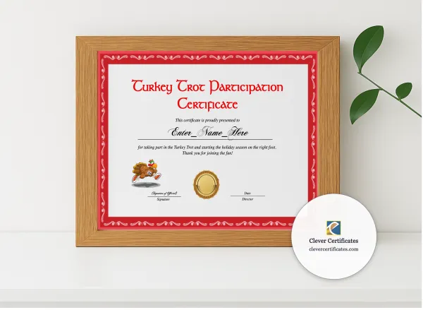 Realistic mockup featuring Turkey Trot Participation Certificate displayed within a modern frame, set against a minimalistic background.
