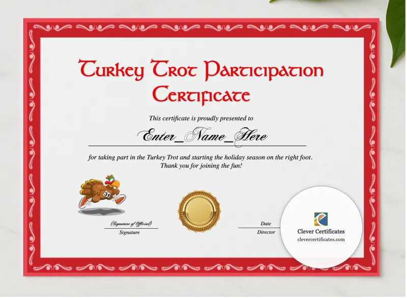 Turkey Trot Participation Certificate presented in a sleek wooden frame, elegantly arranged on a stylish table.