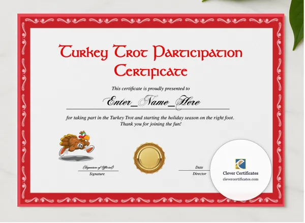 Turkey Trot Participation Certificate presented in a sleek wooden frame, elegantly arranged on a stylish table.