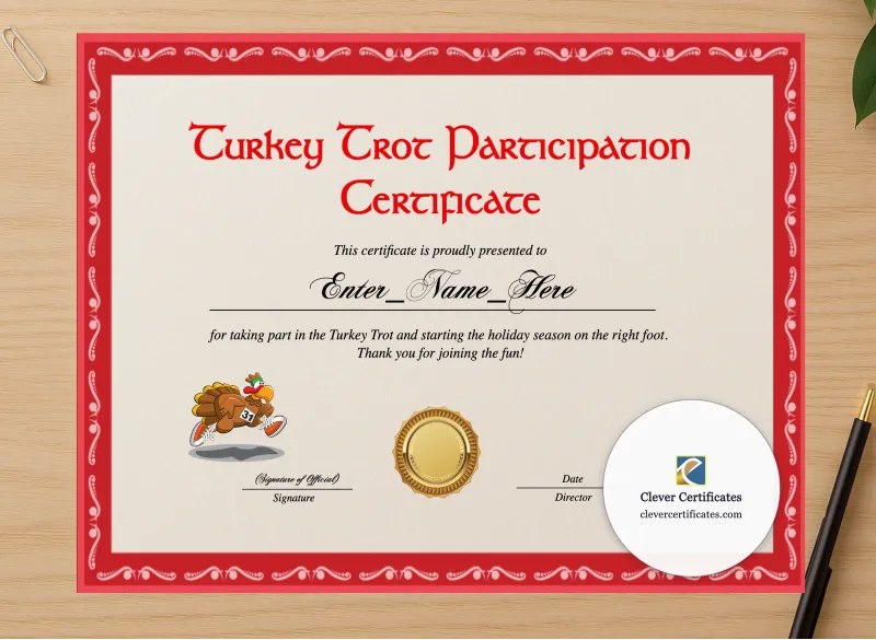 Professional preview of Turkey Trot Participation Certificate certificate on high-quality stationery paper, ideal for showcasing the final look.