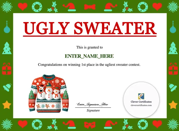 Free Ugly Sweater Contest Winner Certificate