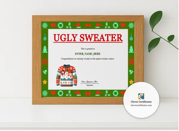 Realistic mockup featuring Ugly Sweater Contest Winner Certificate displayed within a modern frame, set against a minimalistic background.