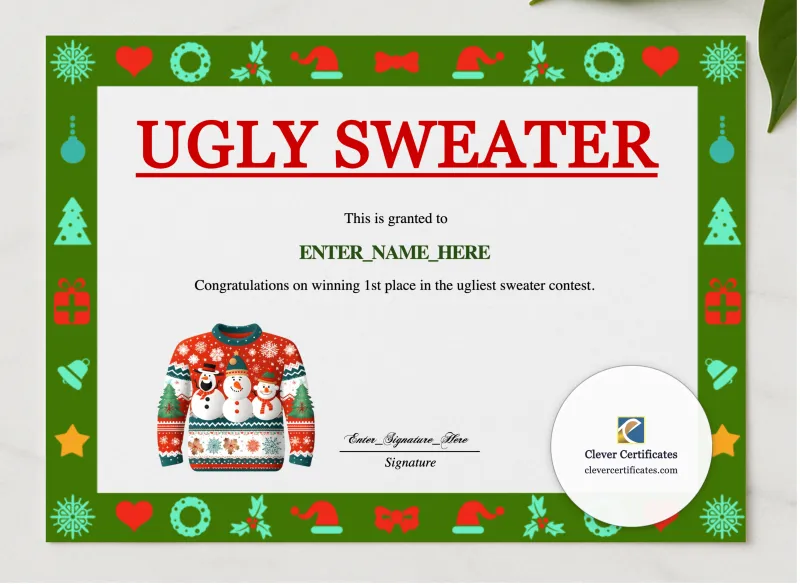 Ugly Sweater Contest Winner Certificate presented in a sleek wooden frame, elegantly arranged on a stylish table.