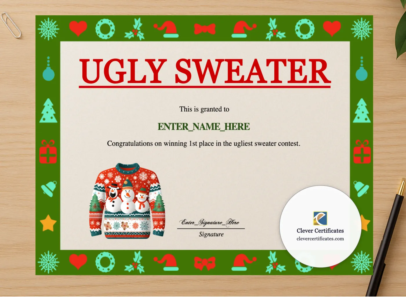 Professional preview of Ugly Sweater Contest Winner Certificate certificate on high-quality stationery paper, ideal for showcasing the final look.