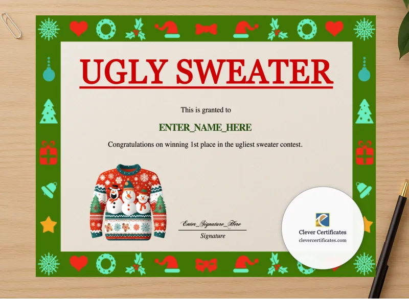 Professional preview of Ugly Sweater Contest Winner Certificate certificate on high-quality stationery paper, ideal for showcasing the final look.