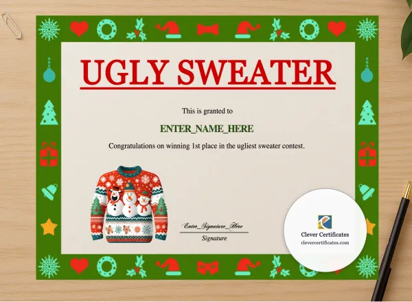 Professional preview of Ugly Sweater Contest Winner Certificate certificate on high-quality stationery paper, ideal for showcasing the final look.