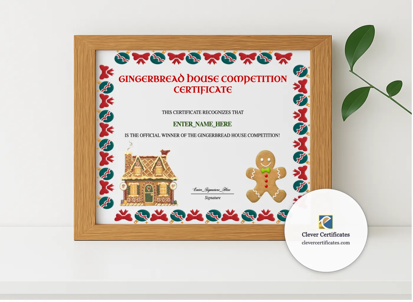 Realistic mockup featuring Gingerbread House Contest Certificate displayed within a modern frame, set against a minimalistic background.