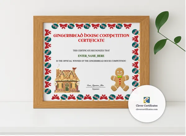 Realistic mockup featuring Gingerbread House Contest Certificate displayed within a modern frame, set against a minimalistic background.