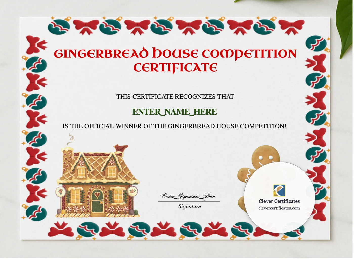 Gingerbread House Contest Certificate presented in a sleek wooden frame, elegantly arranged on a stylish table.