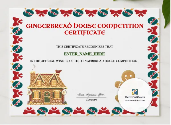 Gingerbread House Contest Certificate presented in a sleek wooden frame, elegantly arranged on a stylish table.