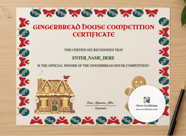 Professional preview of Gingerbread House Contest Certificate certificate on high-quality stationery paper, ideal for showcasing the final look.
