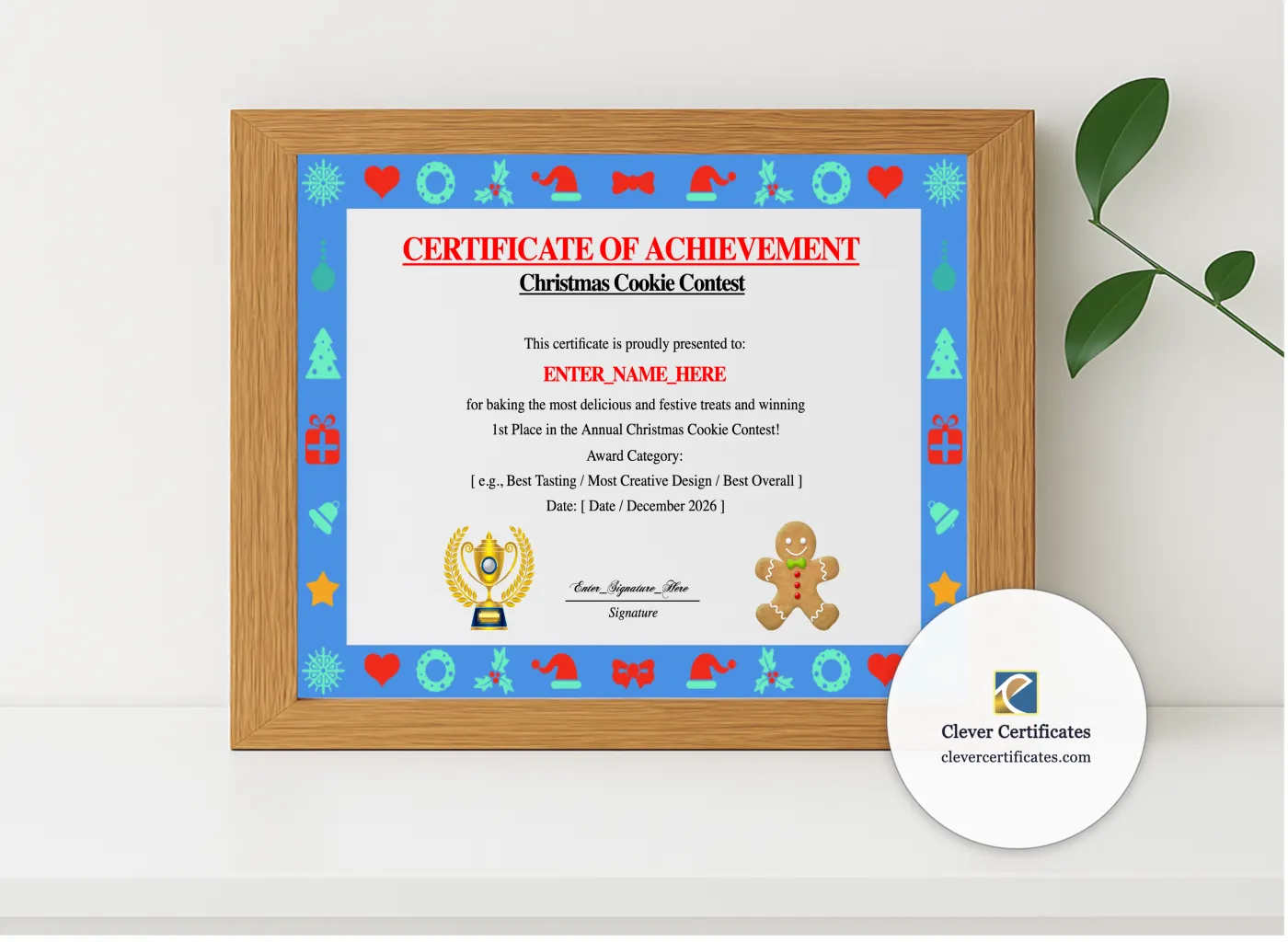 Realistic mockup featuring Christmas Cookie Contest Winner Certificate displayed within a modern frame, set against a minimalistic background.
