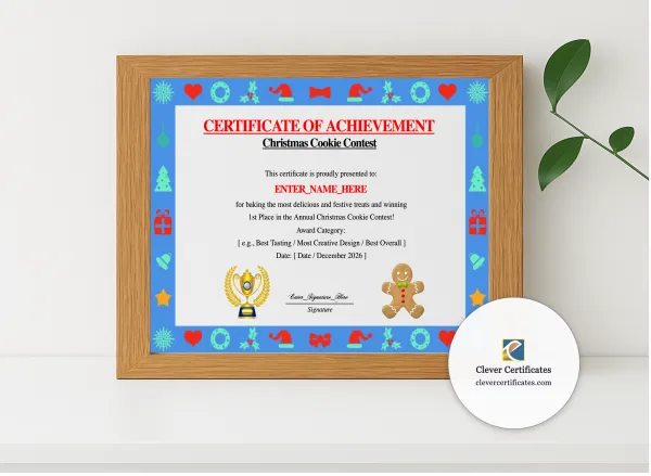 Realistic mockup featuring Christmas Cookie Contest Winner Certificate displayed within a modern frame, set against a minimalistic background.