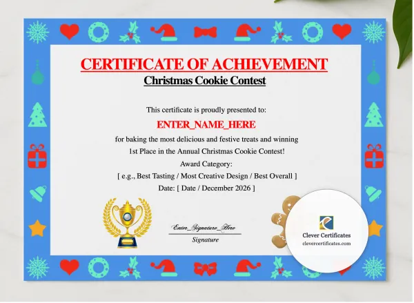 Christmas Cookie Contest Winner Certificate presented in a sleek wooden frame, elegantly arranged on a stylish table.