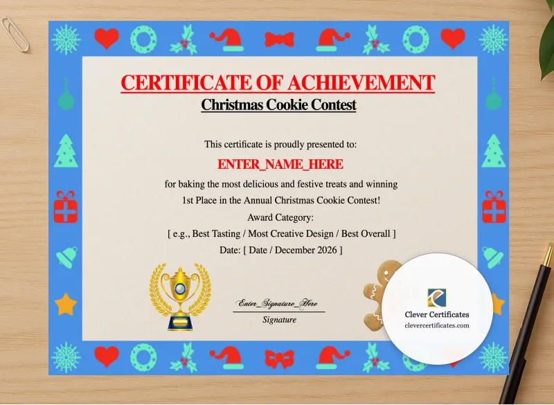 Professional preview of Christmas Cookie Contest Winner Certificate certificate on high-quality stationery paper, ideal for showcasing the final look.